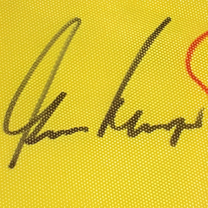 Masters Champions pin flag with 16 black ink signatures on yellow fabric