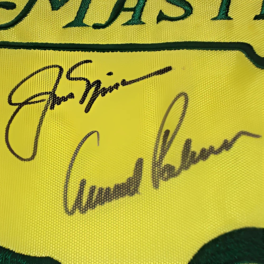 Autographed Masters pin flag in yellow jersey with green lettering and black signatures