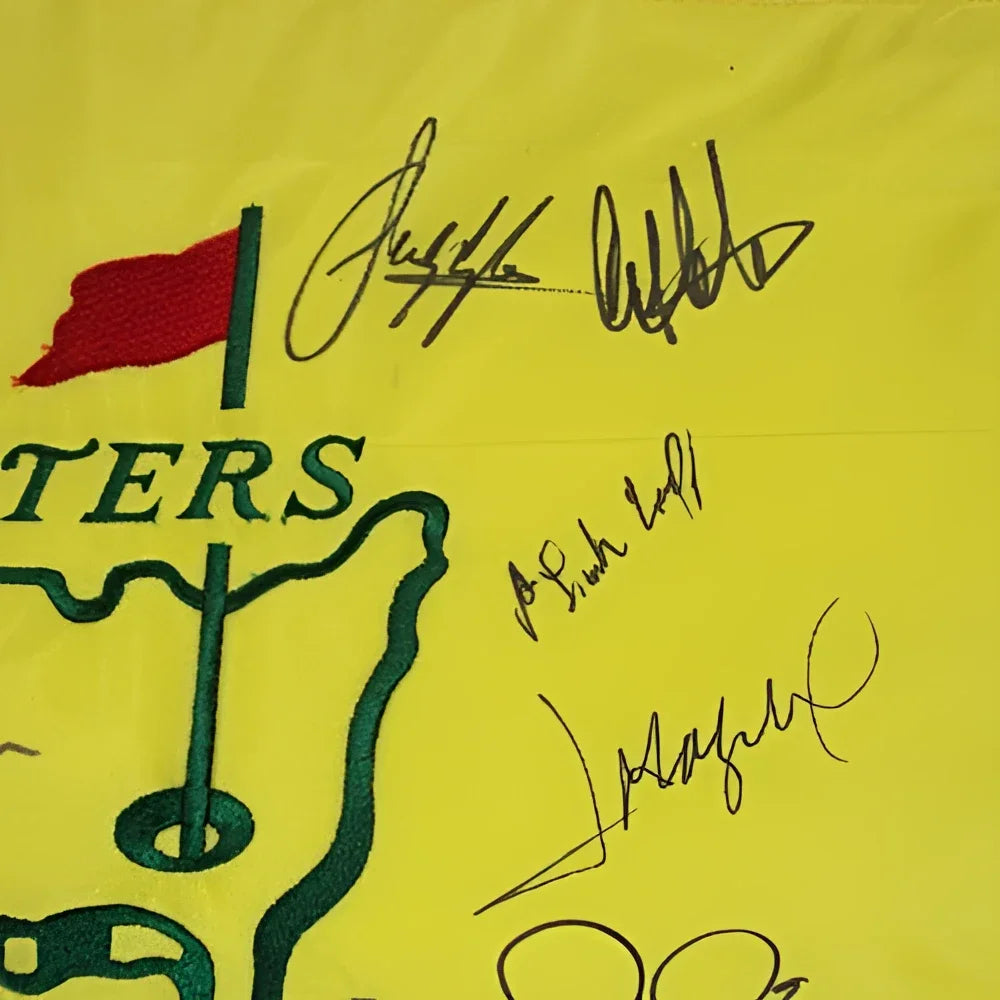 Autographed Masters pin flag with green course map and signatures