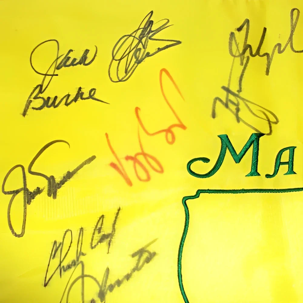 Autographed Masters golf pin flag with 21 champions on yellow Missouri fabric