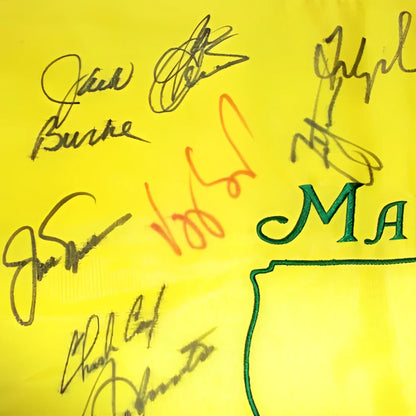 Autographed Masters golf pin flag with 21 champions on yellow Missouri fabric