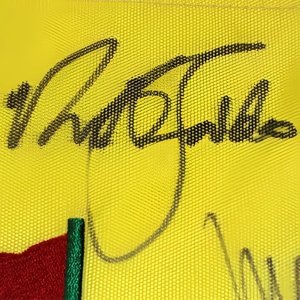 Autographed masters golf pin flag with rob fabbri signature on yellow fabric