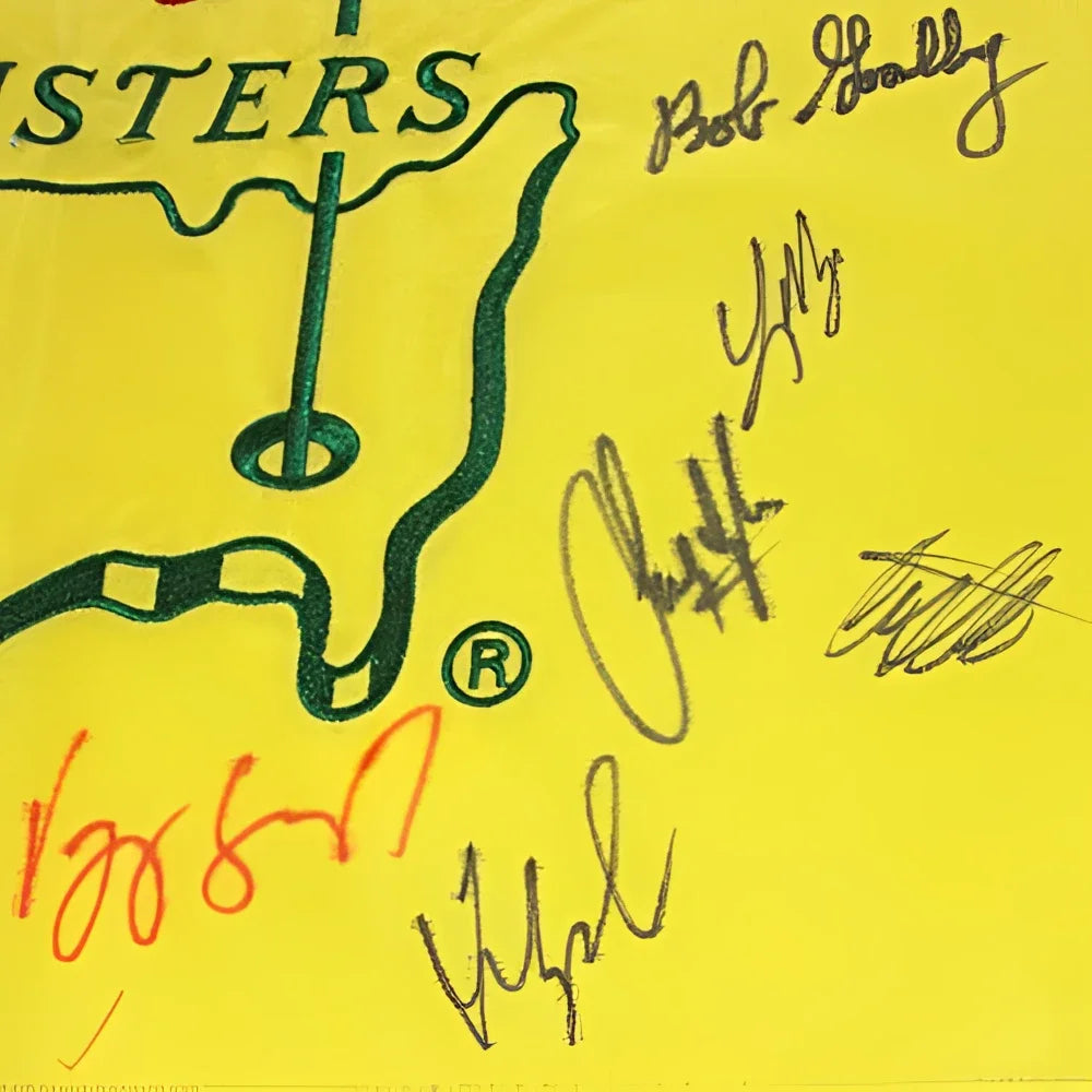 Masters golf pin flag autographed by 23 champions, yellow with US outline