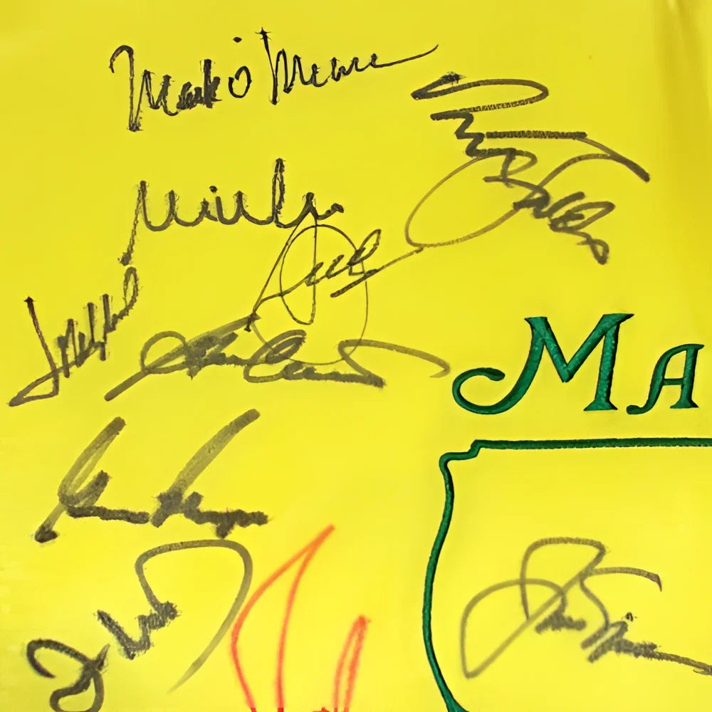 Autographed Masters golf pin flag #17 on yellow t-shirt by 23 champions