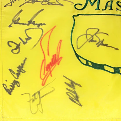 Autographed Masters golf pin flag by 23 champions, yellow banner