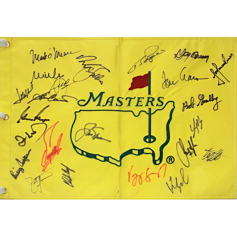 Autographed Masters golf pin flag #17 by 23 champions, yellow with USA outline