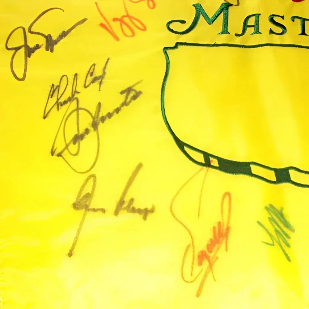 Yellow Masters golf pin flag signed by 21 champions with golden pot logo