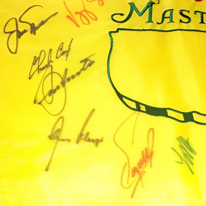 Yellow Masters golf pin flag signed by 21 champions with golden pot logo