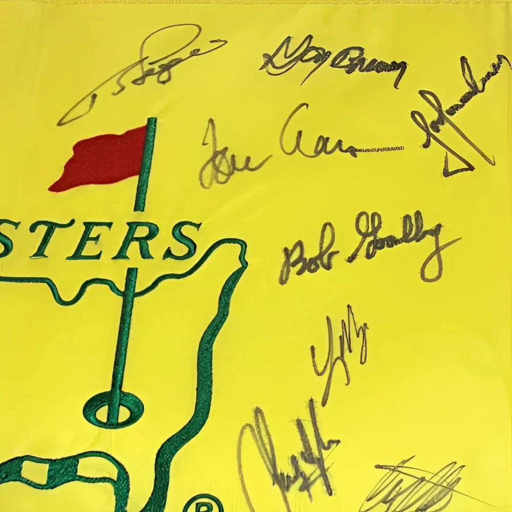 Masters golf pin flag signed by 23 champions, green red design