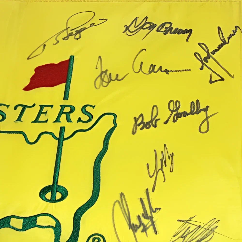 Signed Masters golf pin flag with yellow design, green course outline, red flag, by 23 champions