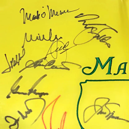 Signed Masters Golf Pin Flag on yellow t-shirt with green red design