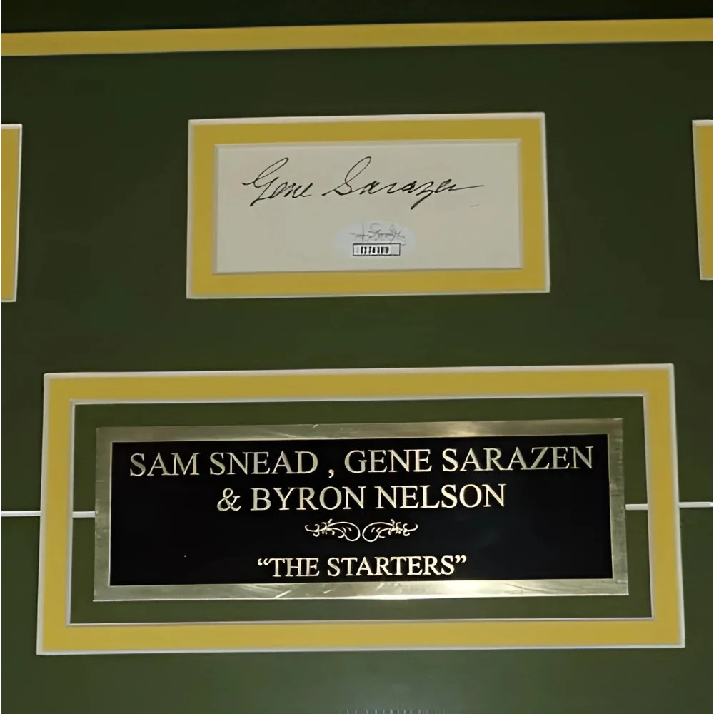 Gold-framed Masters Legends deluxe framed piece with signatures of Sam Snead, Gene Sarazen and Byron Nelson