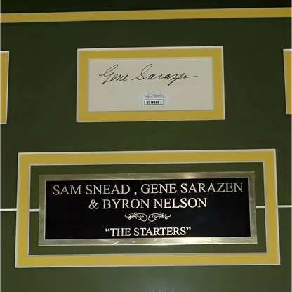Gold-framed Masters Legends deluxe framed piece with signatures of Sam Snead, Gene Sarazen and Byron Nelson