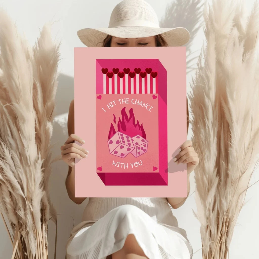 Pink insigne aluminum prints matchbox wall art with red hearts flames dice