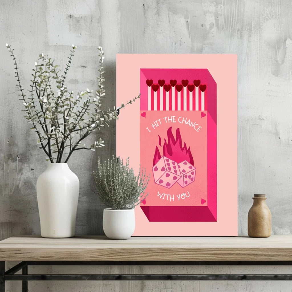 Vibrant pink insigne aluminum prints of heart matches and flaming dice love gamble art