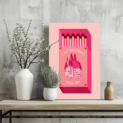 Vibrant pink insigne aluminum prints of heart matches and flaming dice love gamble art
