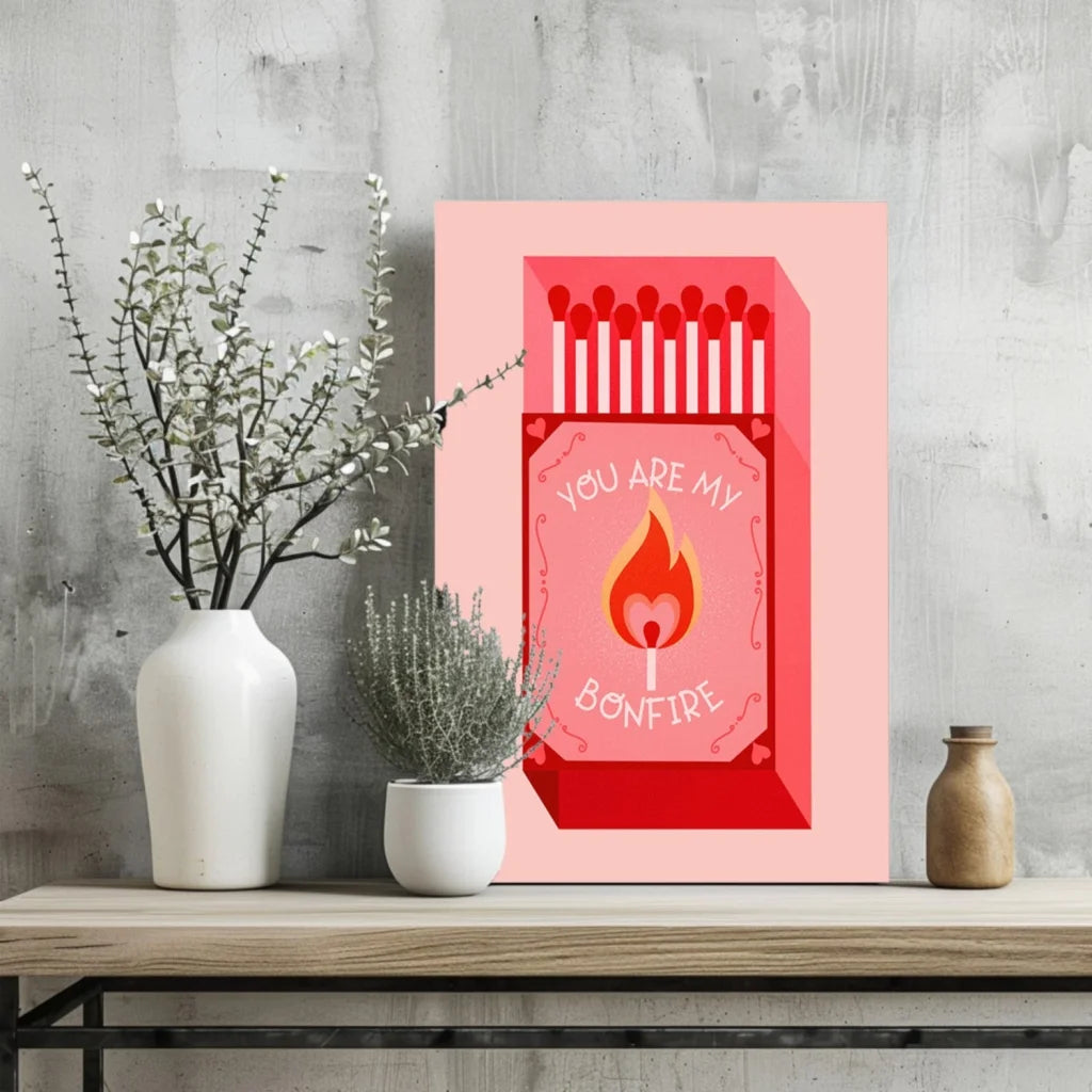 Pink Insigne aluminum print of red matchbox with you are my bonfire text and orange flame