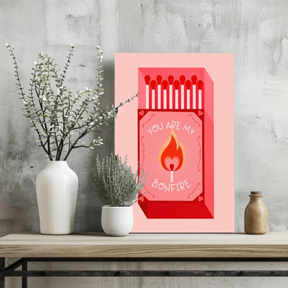 Pink Insigne aluminum print of red matchbox with you are my bonfire text and orange flame