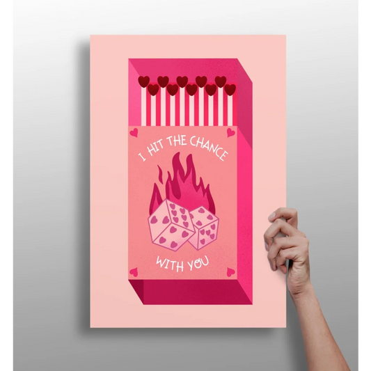 Pink matchbox Love Gamble insigne aluminum print with heart matches and flaming dice