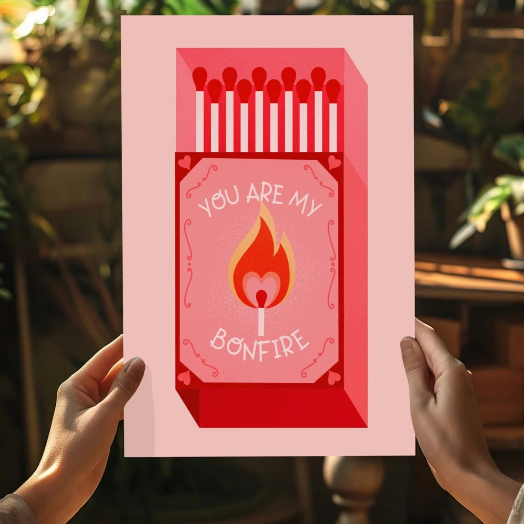 Pink and red You Are My Bonfire insigne aluminum print with flame matchbox art