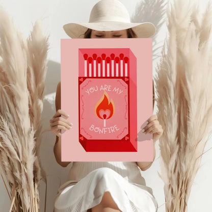 Pink matchbox art on insigne aluminum print with red white flames and you are my bonfire text
