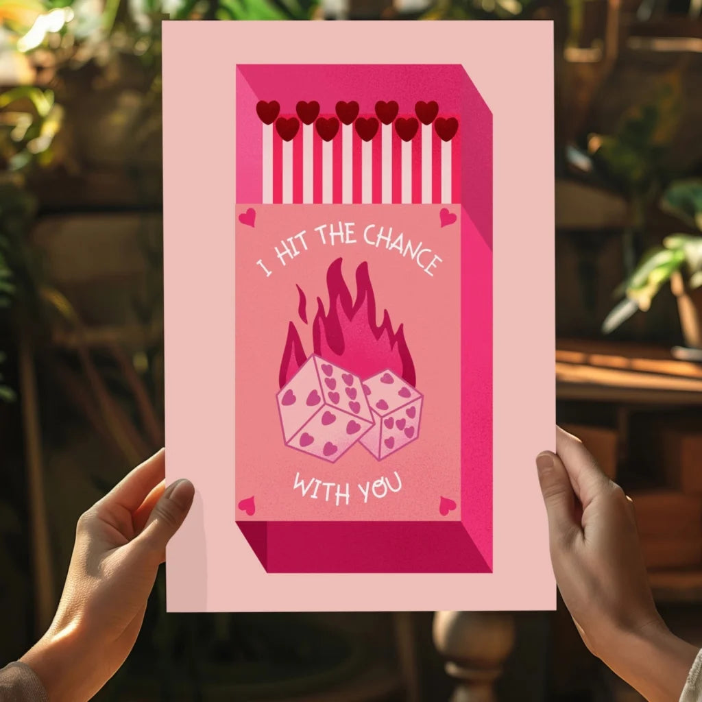 Pink matchbox art on Insigne Aluminum Prints with heart matches, flaming dice, I hit the chance with you