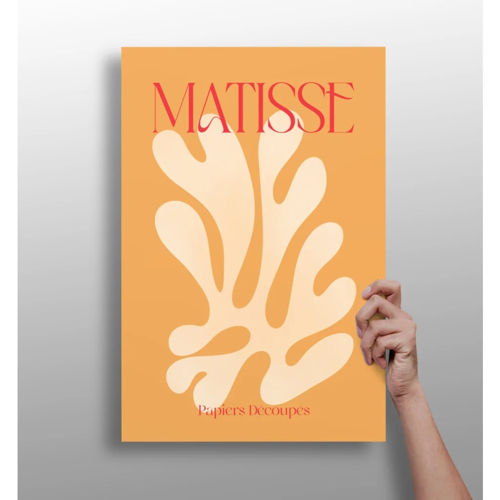 Matisse leaf insigne aluminum print with orange poster and white leaf design