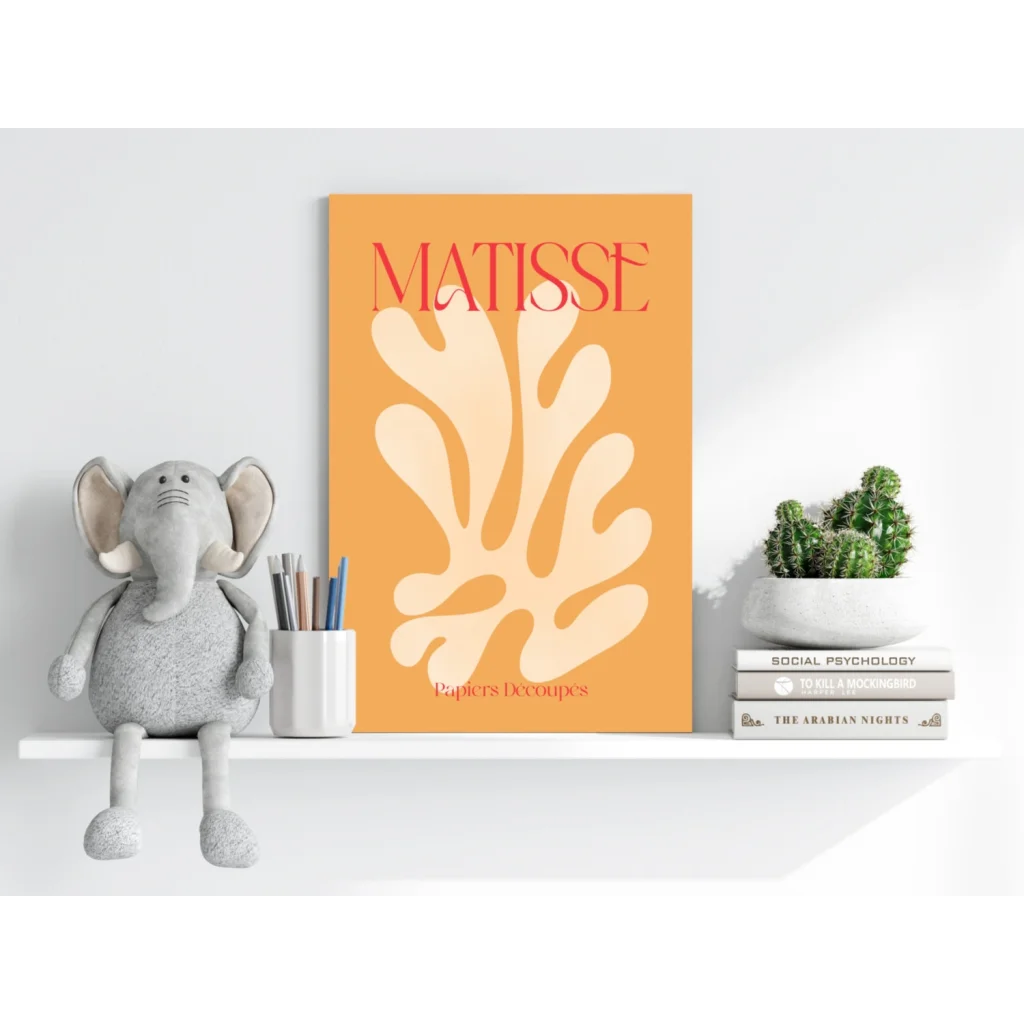 Stylized white leaf on orange insigne aluminum print with Matisse in red