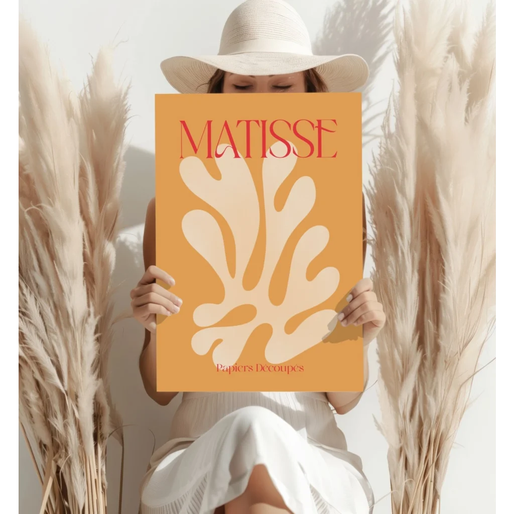 Vibrant orange Matisse Leaf Insigne aluminum print with white leaf design