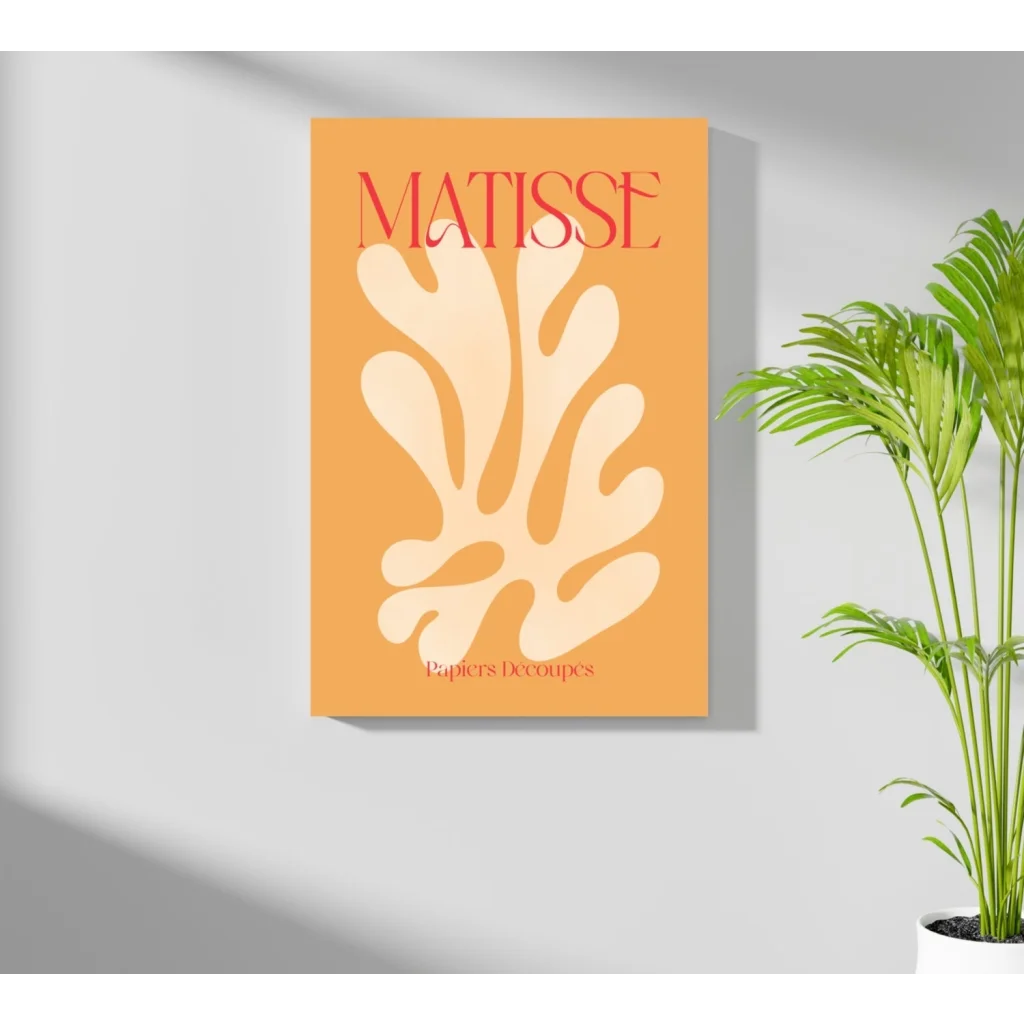 Stylized white leaf on orange insigne aluminum print with Matisse in red