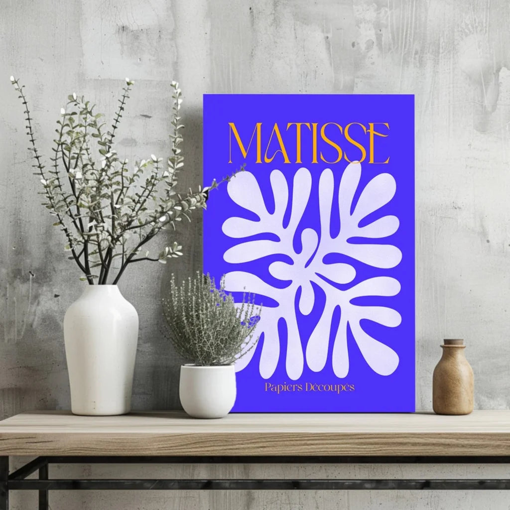 Vibrant Matisse blue leaf aluminum art print with bold white papercut design