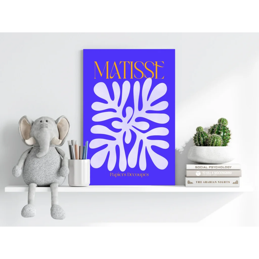 Vibrant blue Matisse leaf aluminum art print for modern homes