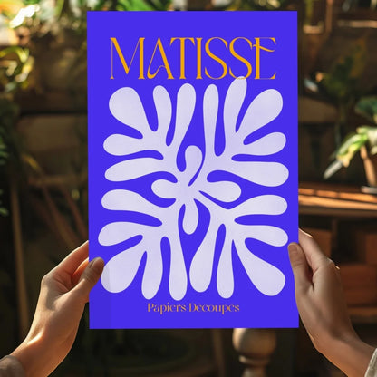 Vibrant blue Matisse art print with white cut-paper floral design and gold lettering