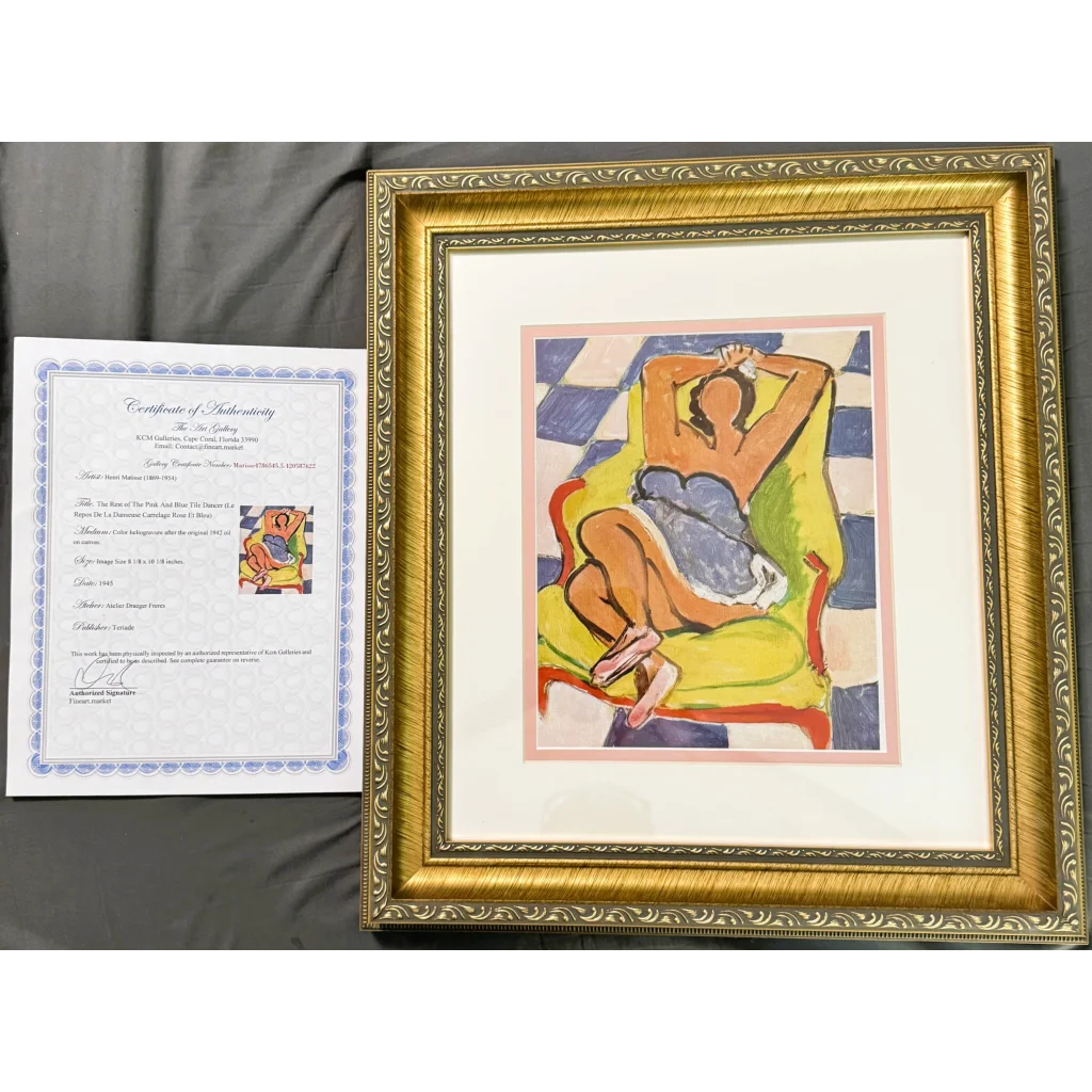 Gold-framed Matisse Blue Tile Dancer 1945 vintage art print with reclining figure in blue and yellow
