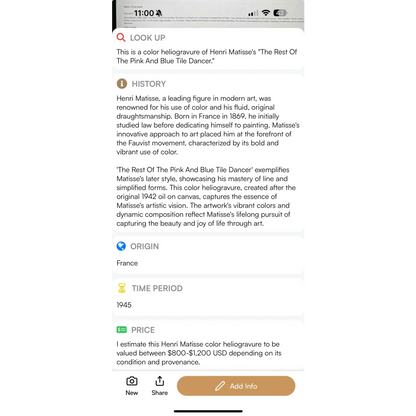 Vintage 1945 color heliogravure of the blue tile dancer by Henri Matisse with vibrant pinks