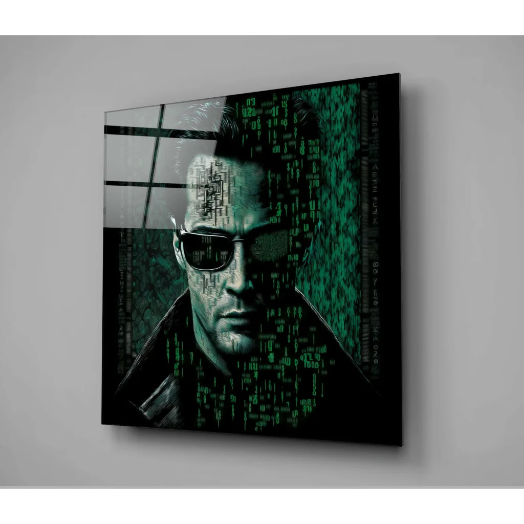 Matrix-inspired cyberpunk glass wall art with Terminator figure