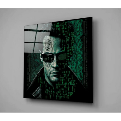 Matrix-inspired cyberpunk glass wall art with Terminator figure