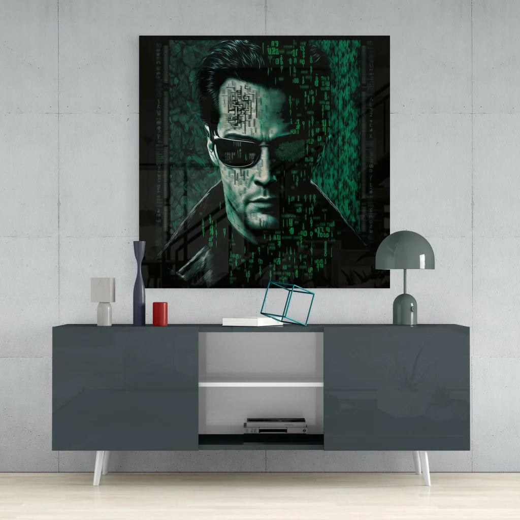 Matrix Cyberpunk Glass Wall Art with Terminator T-800 Figure