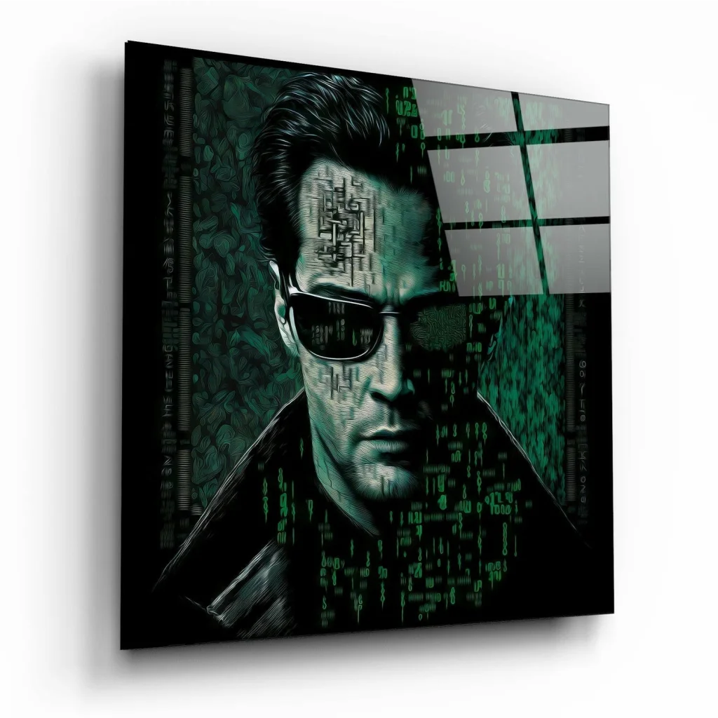 Matrix Cyberpunk Glass Wall Art with Terminator T-800 Figure