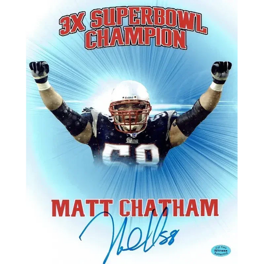 Autographed 8x10 photo of Matt Chatham celebrating Patriots’ 3X Super Bowl wins