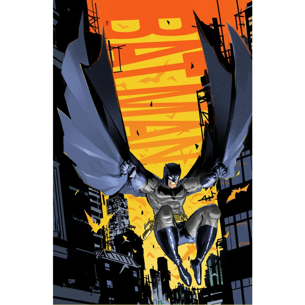 Batman in gray-black suit soars over city in Matt Fraction Jorge Jimenez epic adventure
