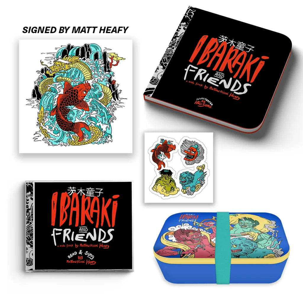 Ibaraki and Friends merch bundle with signed art print book CD stickers bento box featuring Matt Kiichi Heafy