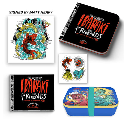 Ibaraki and Friends merch bundle with signed art print book CD stickers bento box featuring Matt Kiichi Heafy