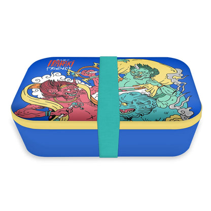 Blue bento box with illustrated lid and teal strap from Matt Kiichi Heafy Ibaraki bundle