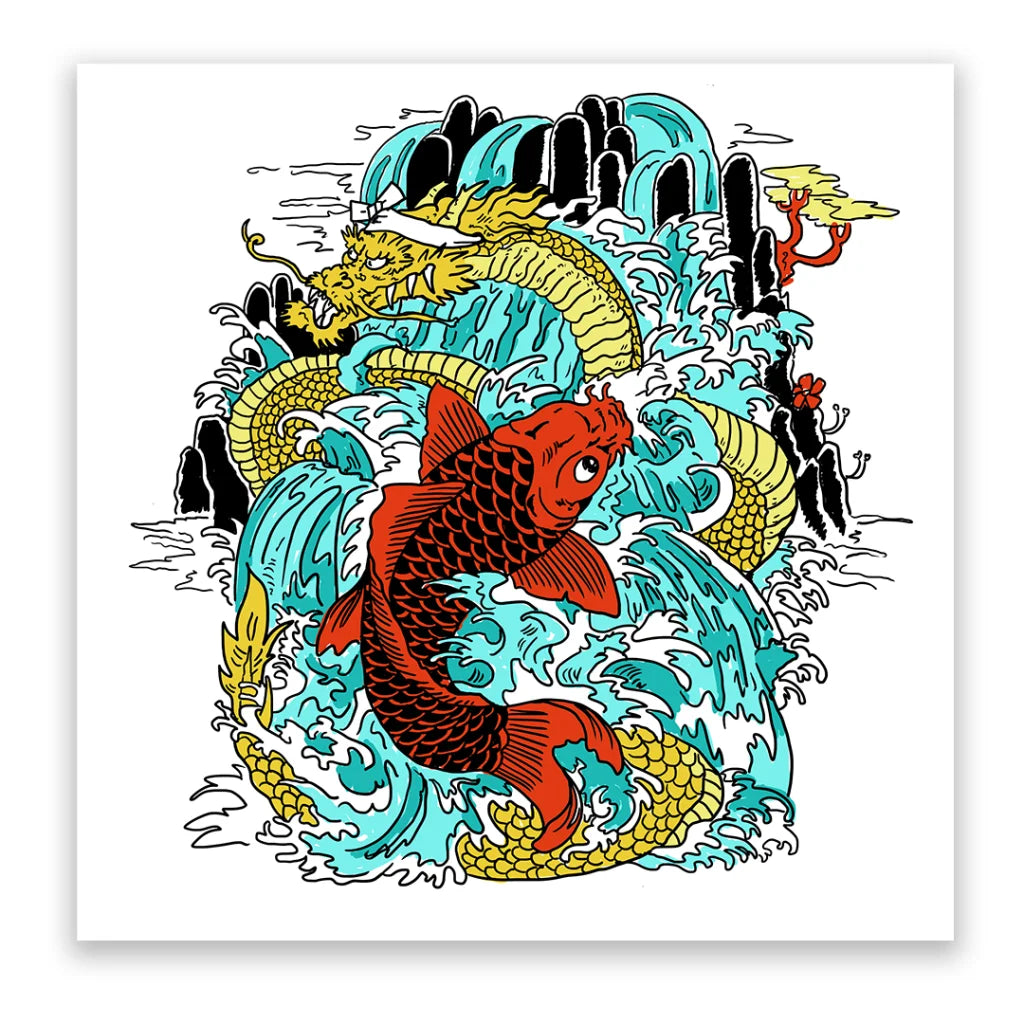 Vibrant illustration of a red koi fish and golden dragon with blue waves, inspired by Matt Kiichi Heafy