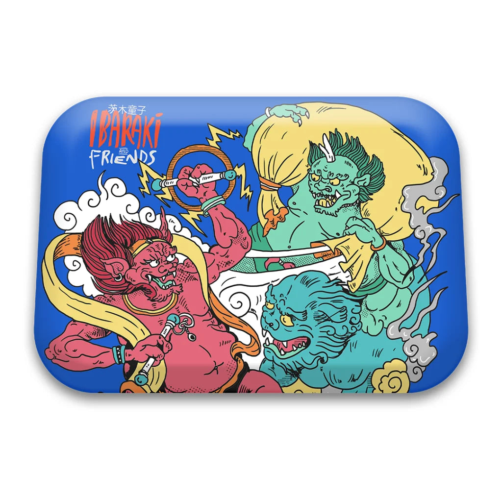 Metal rolling tray with Japanese folklore demons and IBARAKI & FRIENDS text, perfect for Matt Kiichi Heafy fans