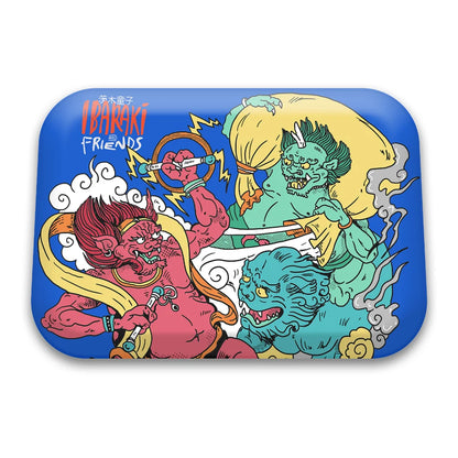 Metal rolling tray with Japanese folklore demons and IBARAKI & FRIENDS text, perfect for Matt Kiichi Heafy fans
