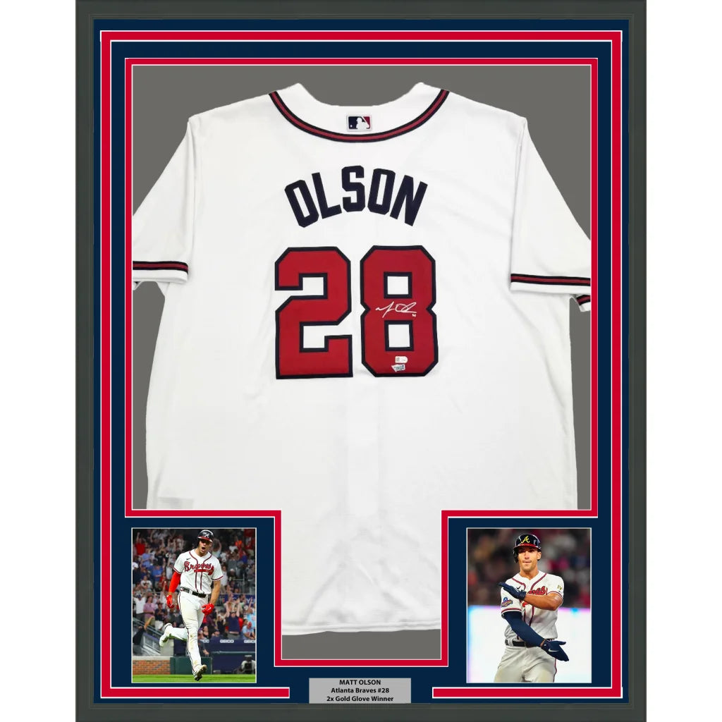 Matt Olson signed white and red baseball jersey with Olson name and number 28