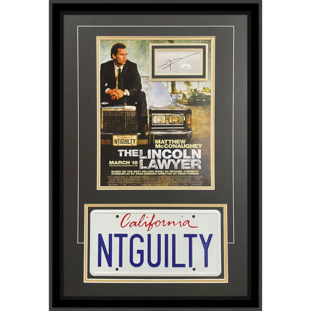 Matthew McConaughey autographed Lincoln Lawyer deluxe framed piece with NTGUILTY license plate