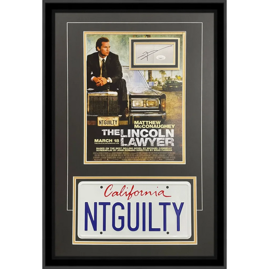 Matthew McConaughey autographed Lincoln Lawyer deluxe framed piece with NTGUILTY license plate